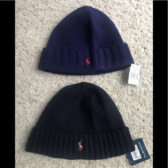 Lot 2 Ralph Lauren Polo Wool Beanies Blue - Picture 1 of 11